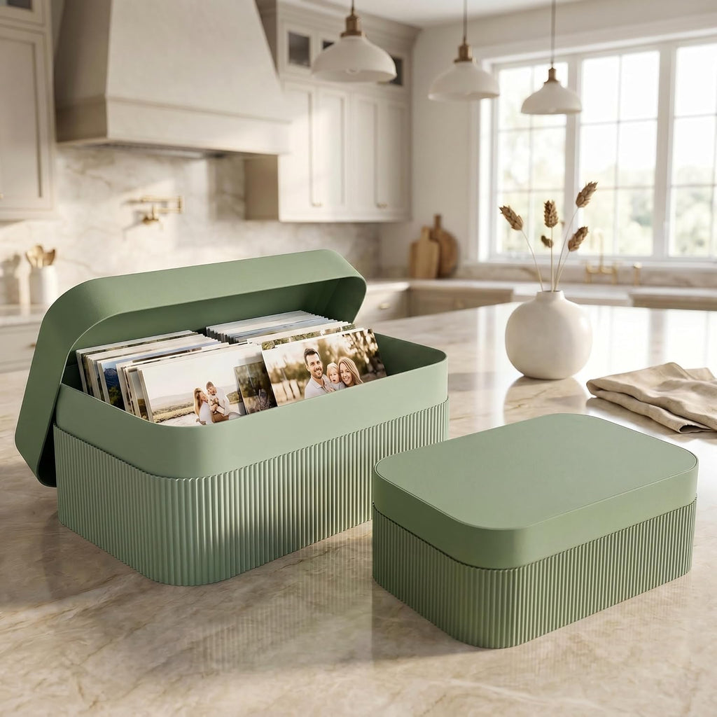Decorative Storage Boxes with Lids Fluted Photo Organizer Bins - Set of 2