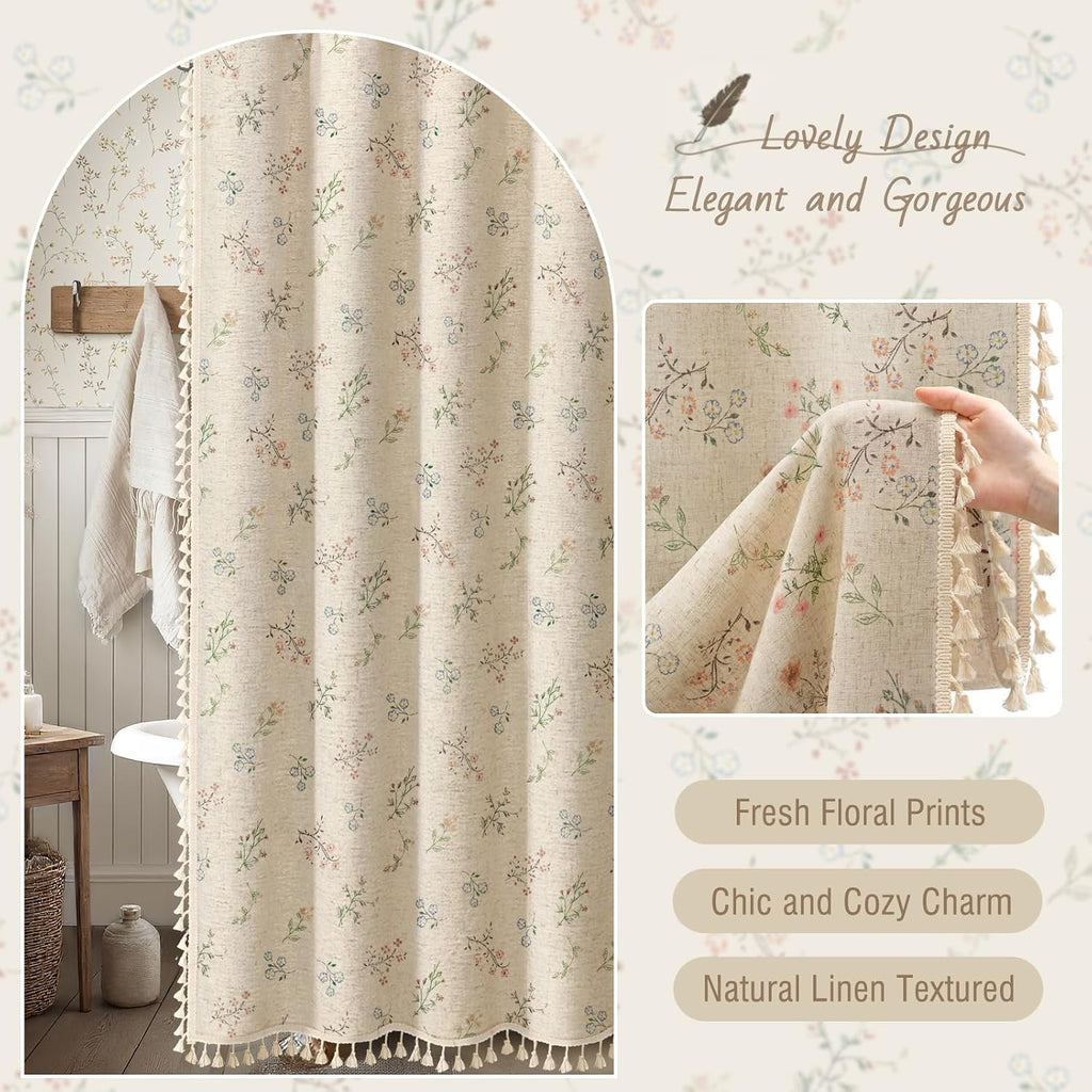 Floral Farmhouse Vintage Linen Shower Curtain, French Country Spring Shower Curtains with Tassels, 72Wx72H