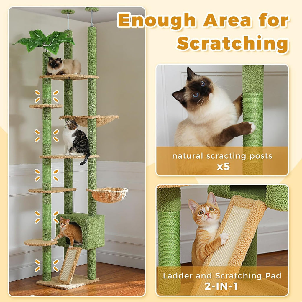 Floor to Ceiling Cat Tree, Height Adjustable 90.5-100.4'', Green
