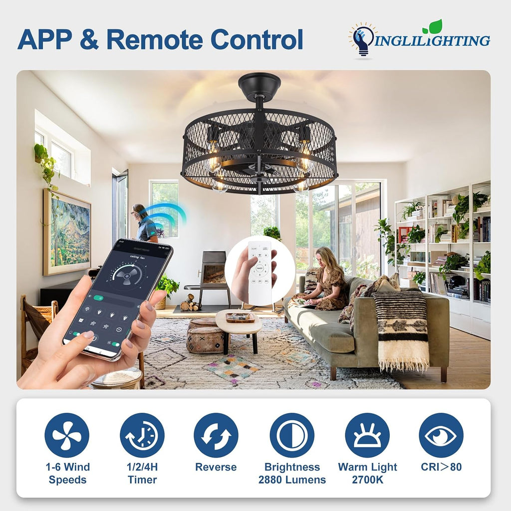 Caged Ceiling Fan with Lights: 20" Rustic Bladeless Ceiling Fans with Remote App Control Kitchen Patio - Farmhouse