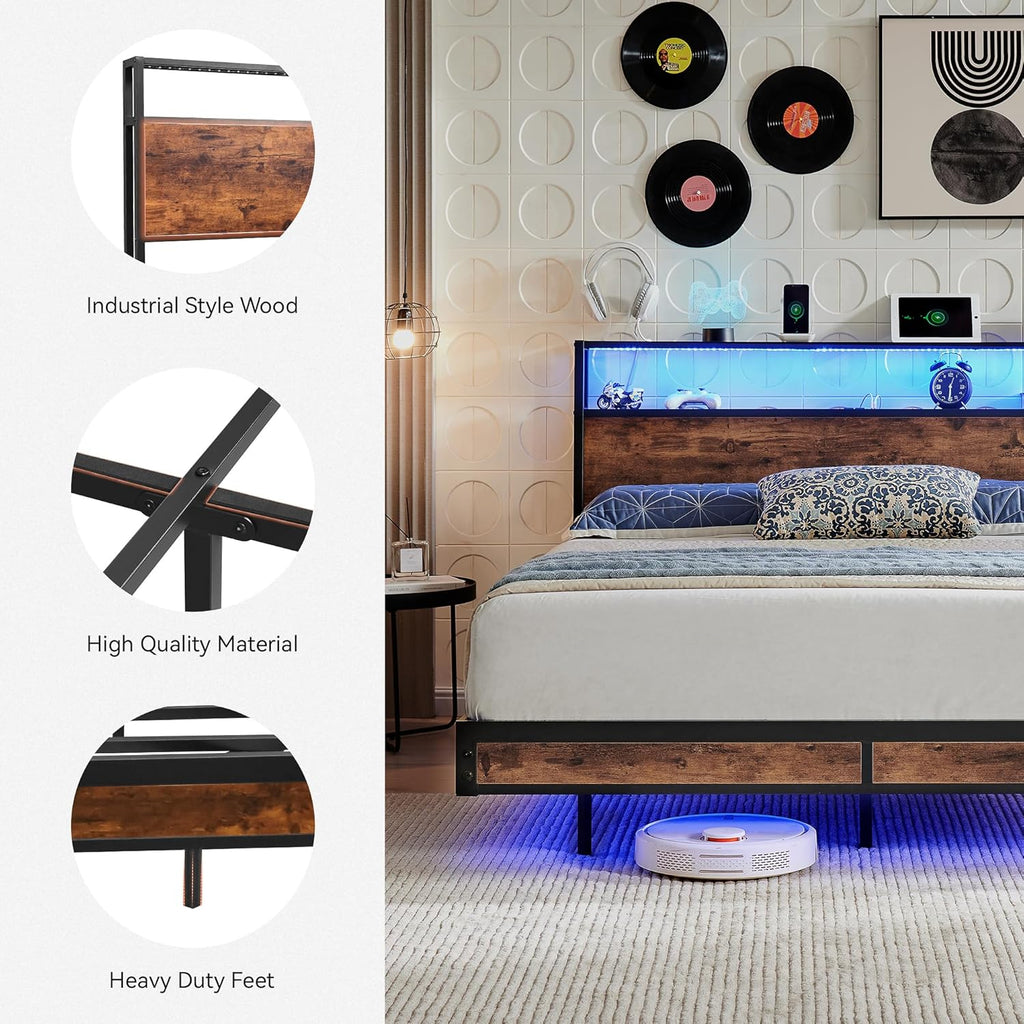 Full Bed Frame with 2-Tier Storage Headboard