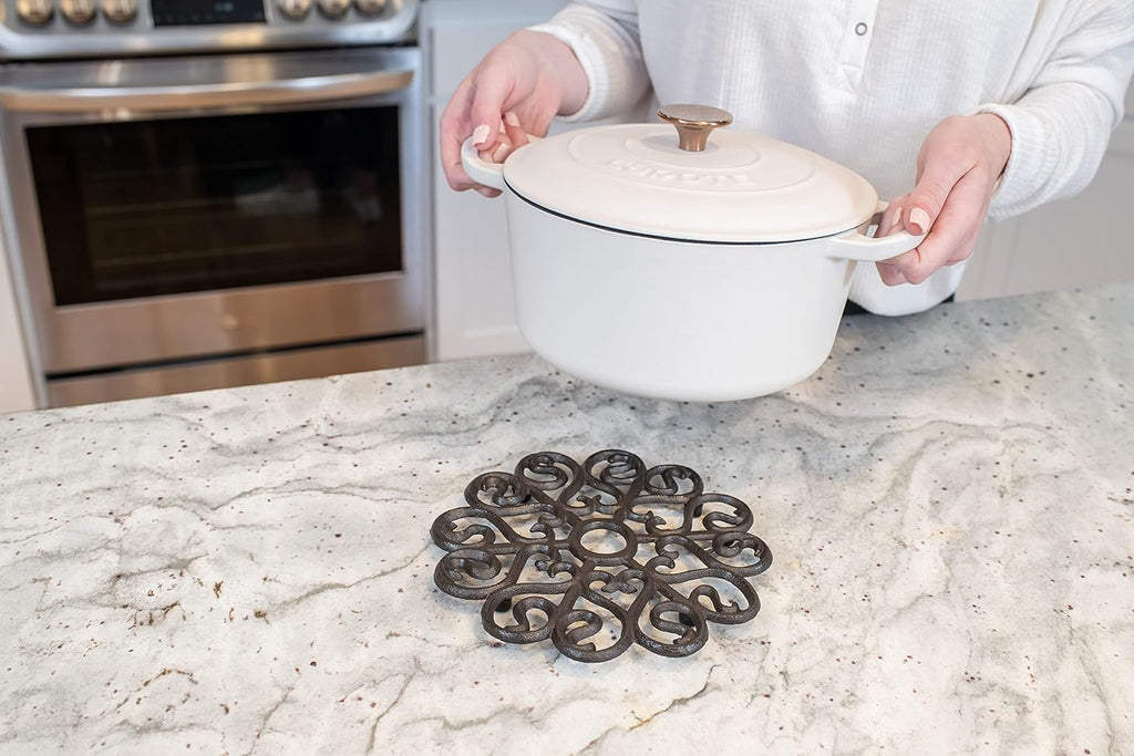 Cast Iron Trivet for Hot Dishes, Pots, and Pans, Metal Trivet, Victorian Design, Rubber Feet Caps, Ring Hanger, 8