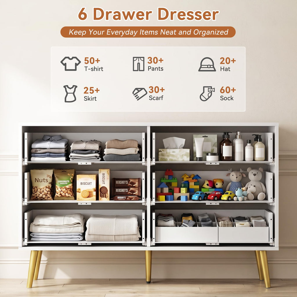 47" White Dresser with 6 Drawers & Modern Gold Handles
