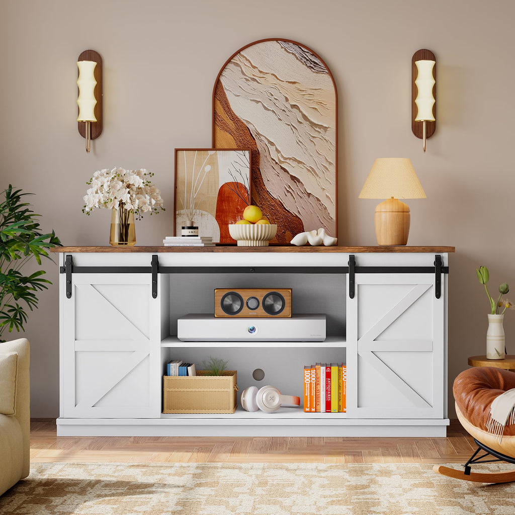 58" Farmhouse TV Stand for TVs up to 65", 4 Drawers, Milk White