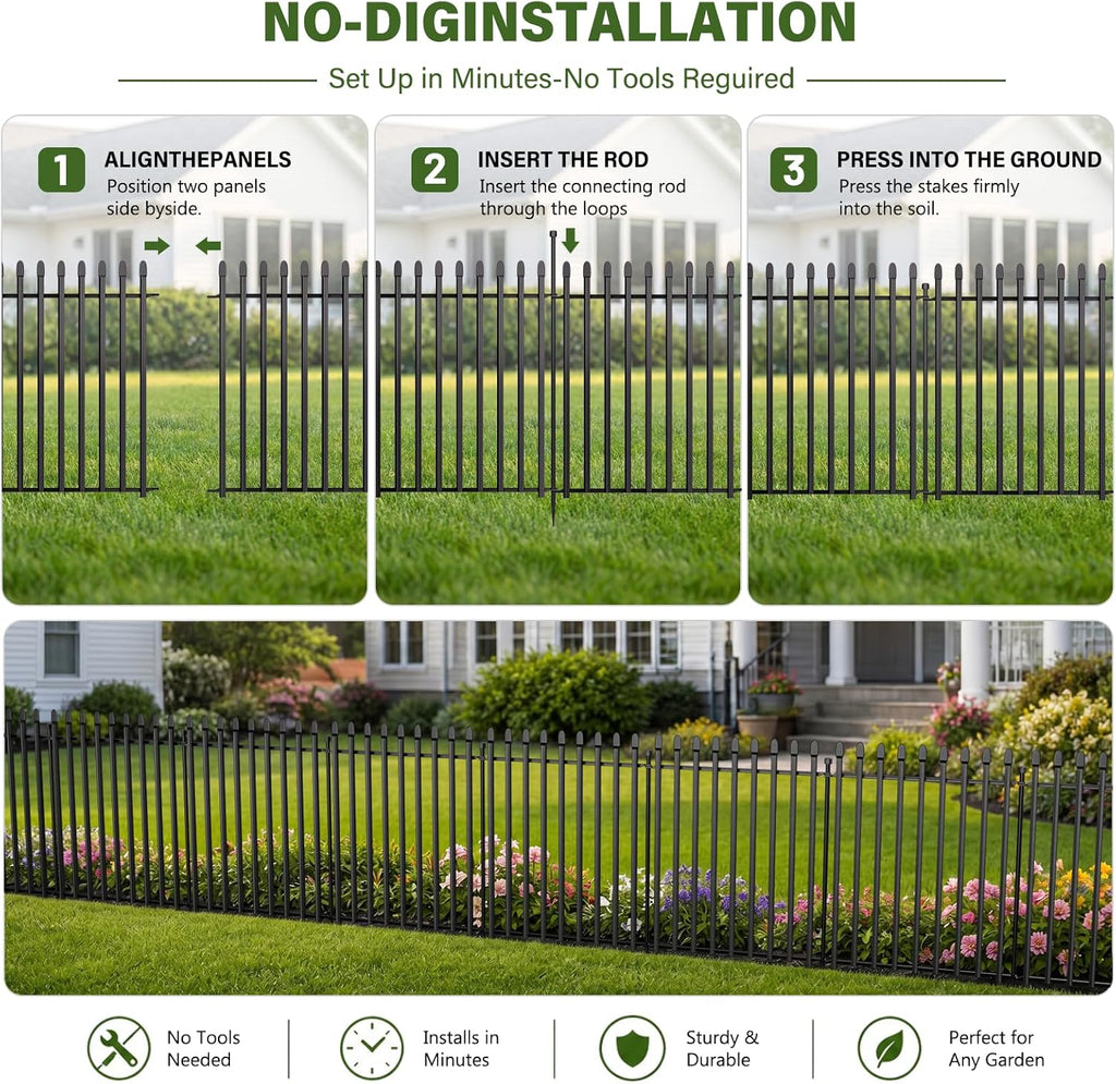 10 Panels No Dig Decorative Garden Fence, 32in(H)×22ft(L) Heavy-Duty Rustproof Metal Panels, Outdoor Dog Barrier for