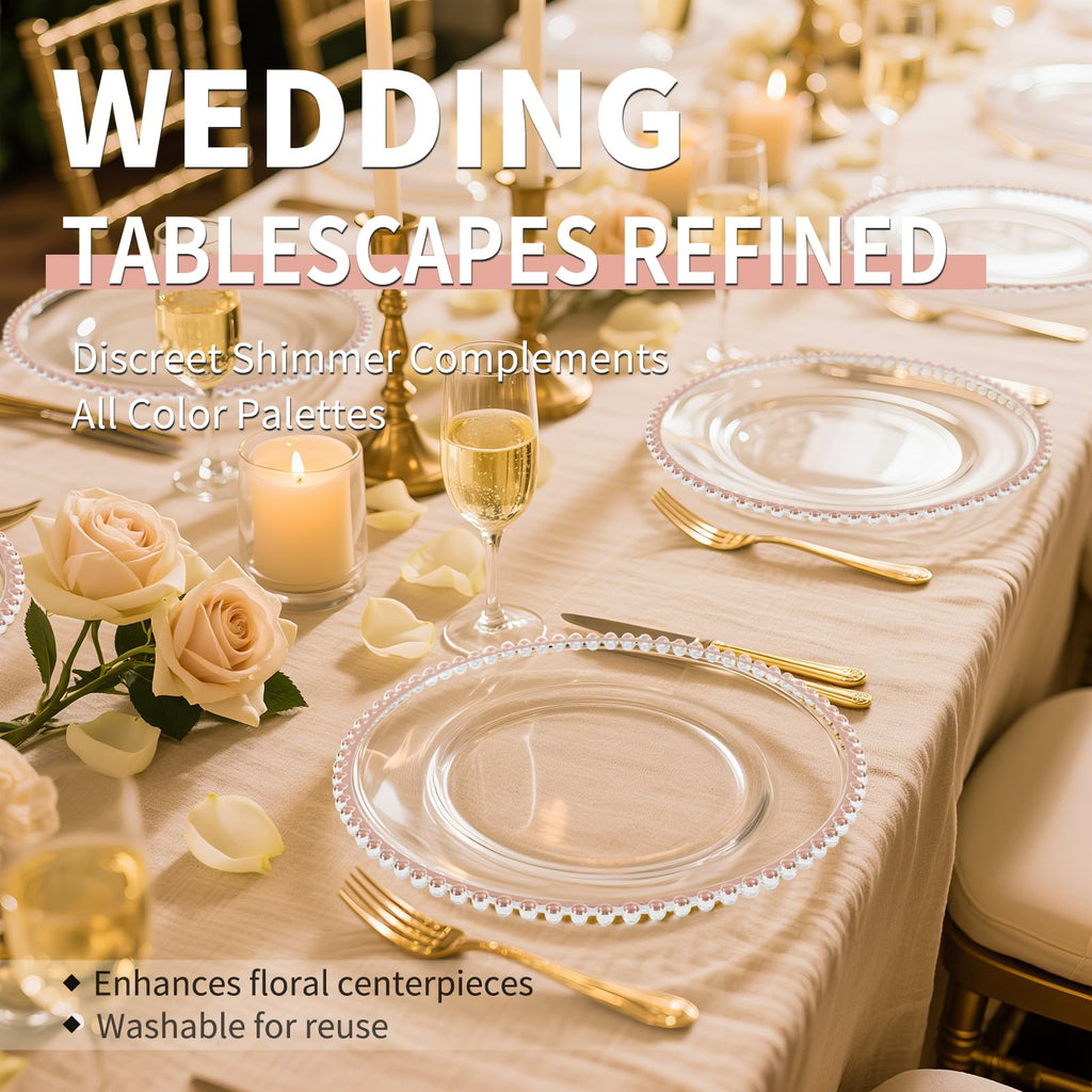 10Pcs Clear Charger Plates Bulk Wedding - 13" Premium Clear Plastic Chargers with Rose Gold Beaded Rim, Decorative