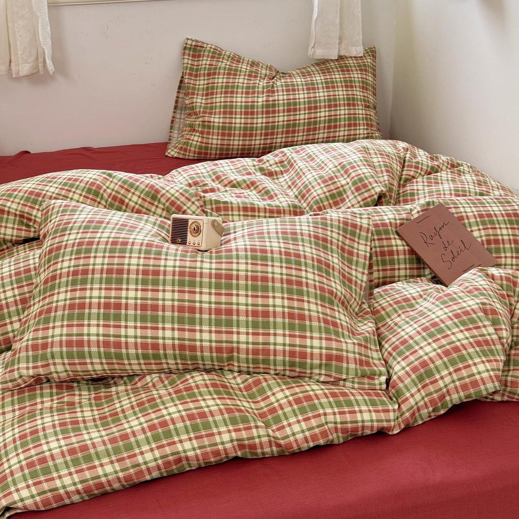 Red Green Plaid Duvet Cover -80"x90", Double Gauze Cotton