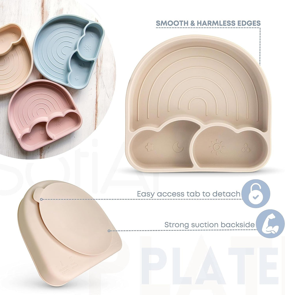 BPA-Free Non-Toxic Silicone Baby Plate Set - Piece Baby Led Weaning Starter Kit with Suction Divider Plate, Soft