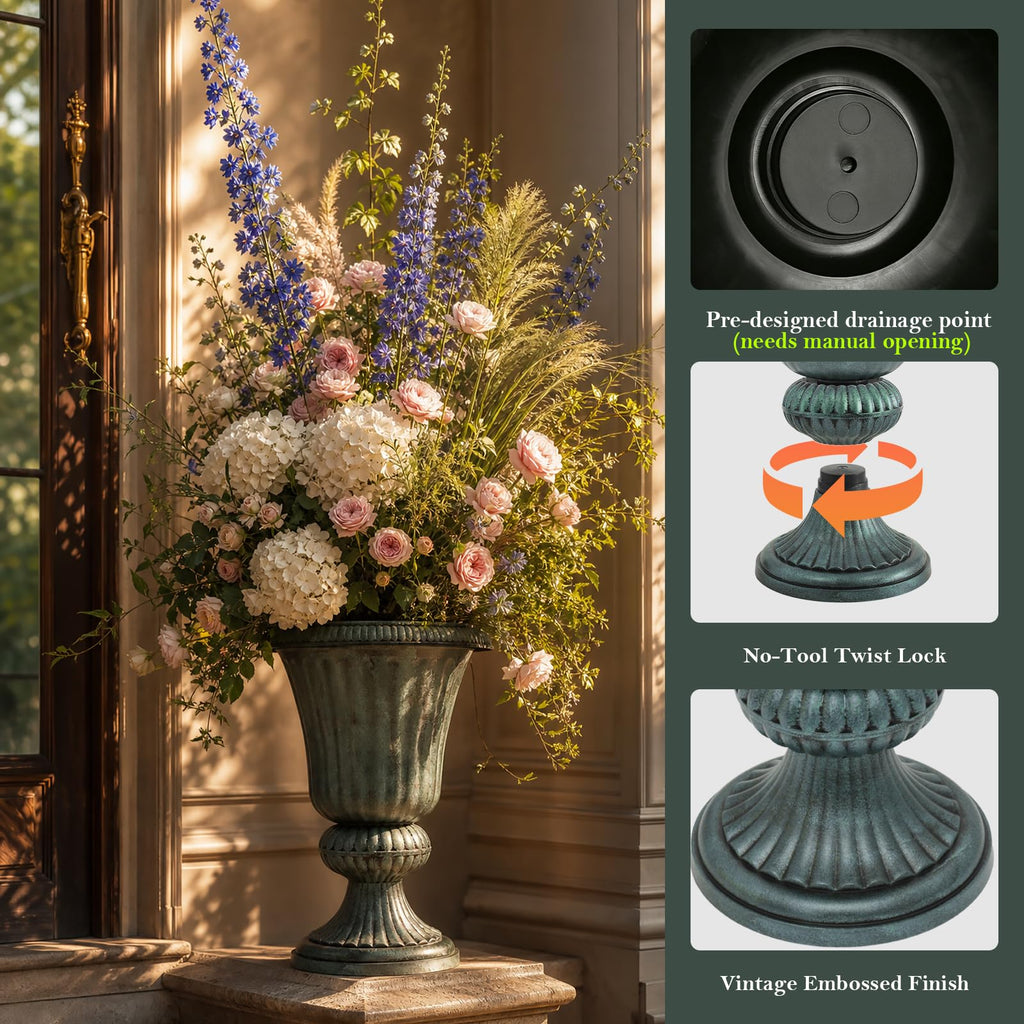 20" Tall Urn Planters for Outdoor Plants, 2 Pack, Green