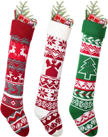 3 Pack Knit Christmas Stocking - 25 Inch Extra Long White and Burgundy Wool Christmas Stocking with Reindeer and