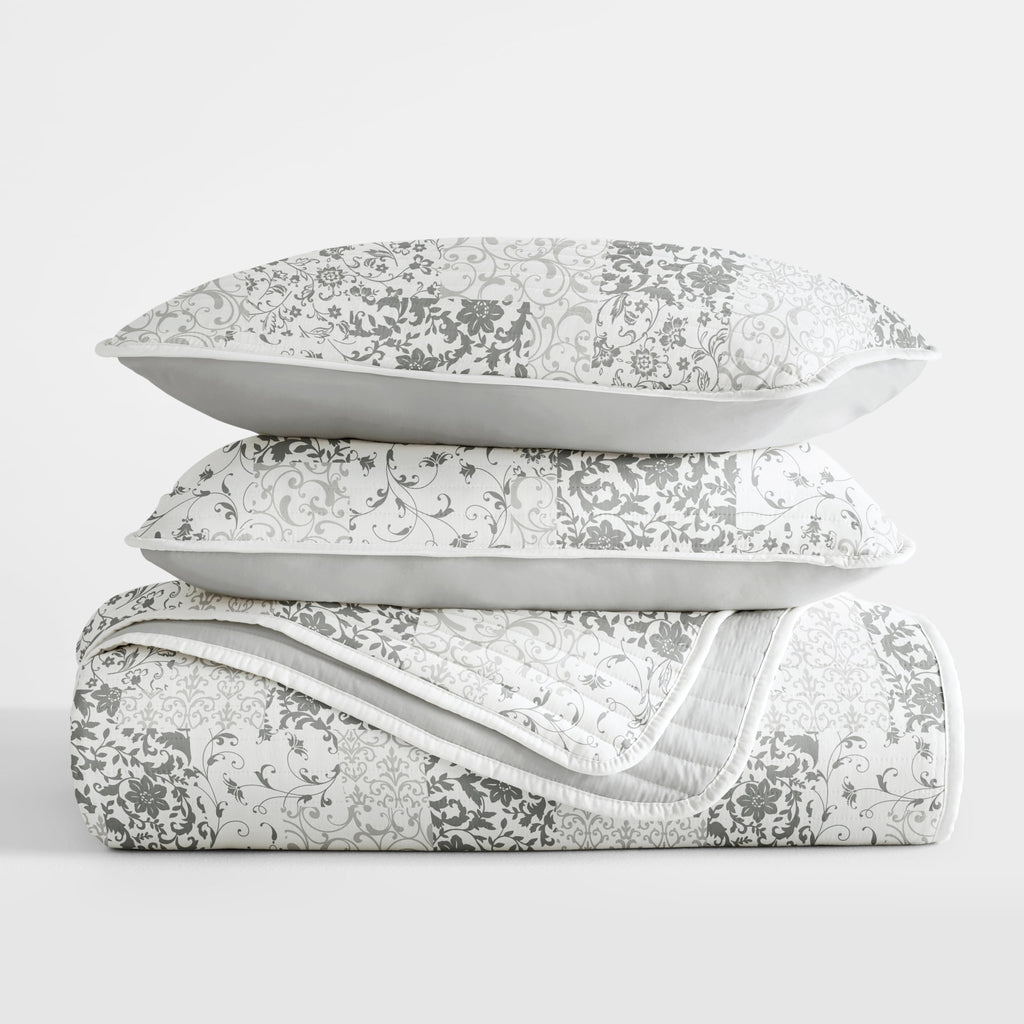 Gray 3-Piece Full/Queen Quilt Comforter with 2 Shams | Lightweight, All-Season, Paisley Stitched Bedspreads | Modern