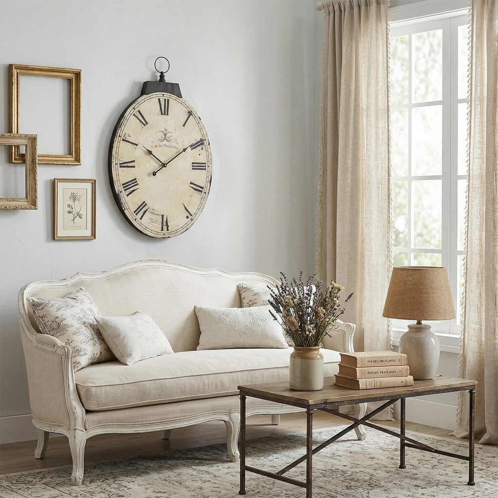29 Inch Vintage Yellow Oval Wall Clock, Silent Non-Ticking Quartz Battery Operated Wall Clock, Large Roman Numerals