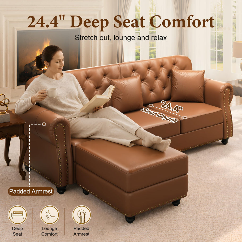 41.3'' Faux Leather Chesterfield Sofa & Ottoman Set, Brown