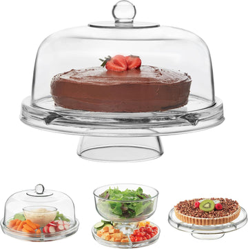 Selene 6-in-1 Domed Cake Stand, Unique Space Saving Glass Cake Stand with Dome, Multi-Purpose Dip Bowl To Serve - Set of 2