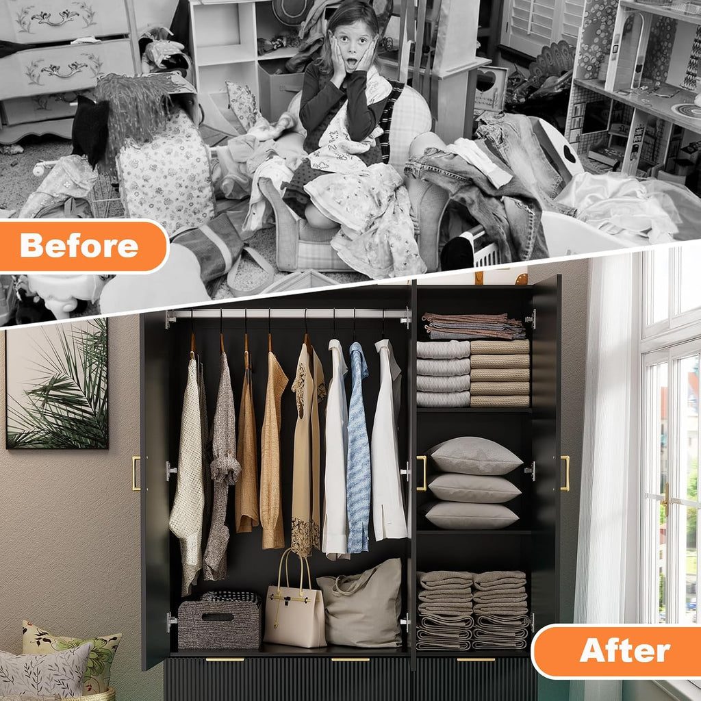 Large Wardrobe Closet, 3 Door Armoire Closet | Mirror and LED Lights, Hanging Rod, Drawers, Armoires and Wardrobes