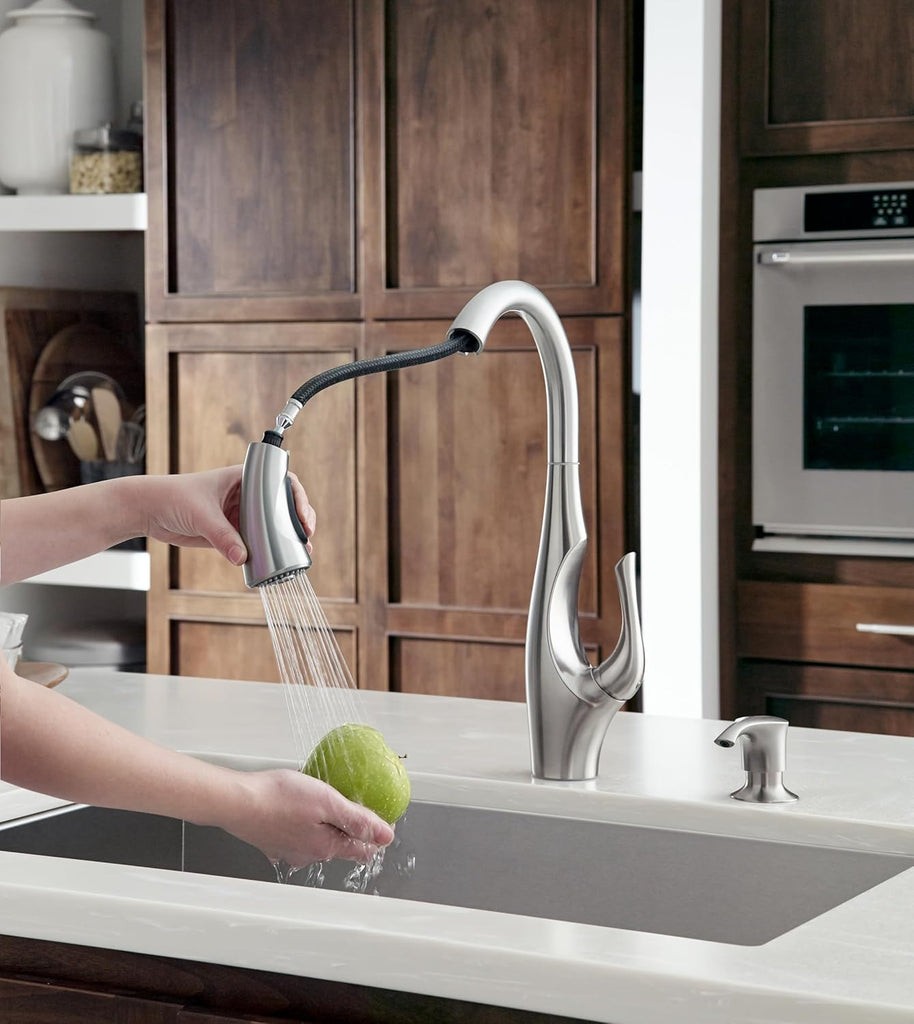 Indira Kitchen Sink Faucet with Pull Down Sprayer and Soap Dispenser Single Handle High Arc Spot Defense Stainless