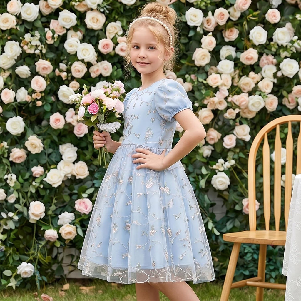 Kids Girls Short Sleeve Embroidery Floral Lace Tulle Dress