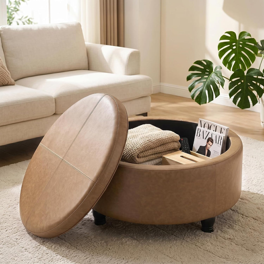 30-Inch Round Ottoman, Leather Ottoman with Storage (Light Brown | Modern Storage Ottoman with Removable Top