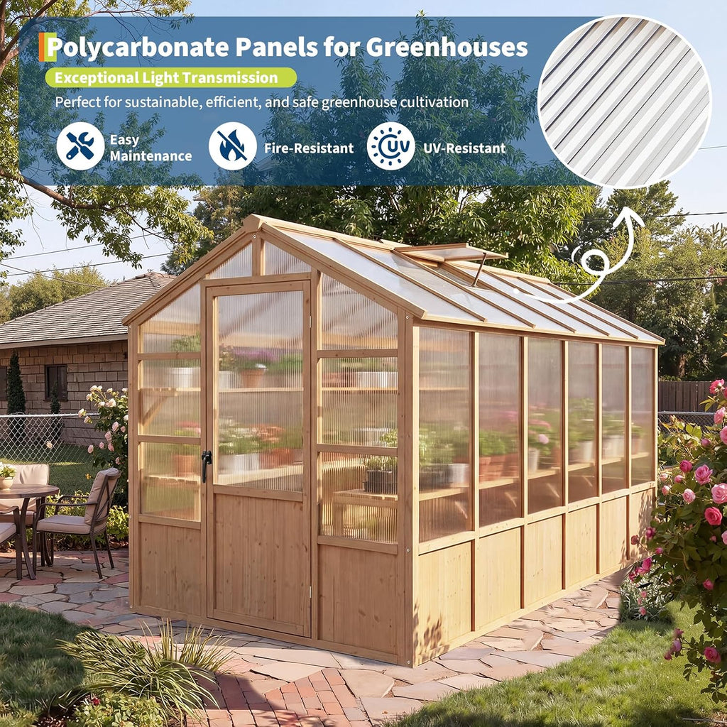 Large Wood Frame Greenhouse for Outdoor - Wooden Walk-in Greenhouse Kit with Polycarbonate Panels, Ventilated Window