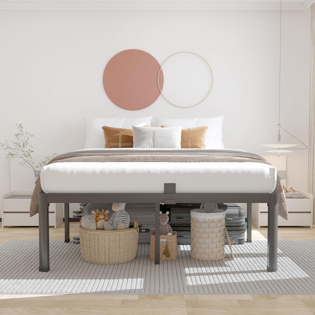 14 inch Metal Queen Bed Frame with Rounded Corner and Headboard Hole Mattress Retainers 3500LBS Heavy Duty Steel Slats
