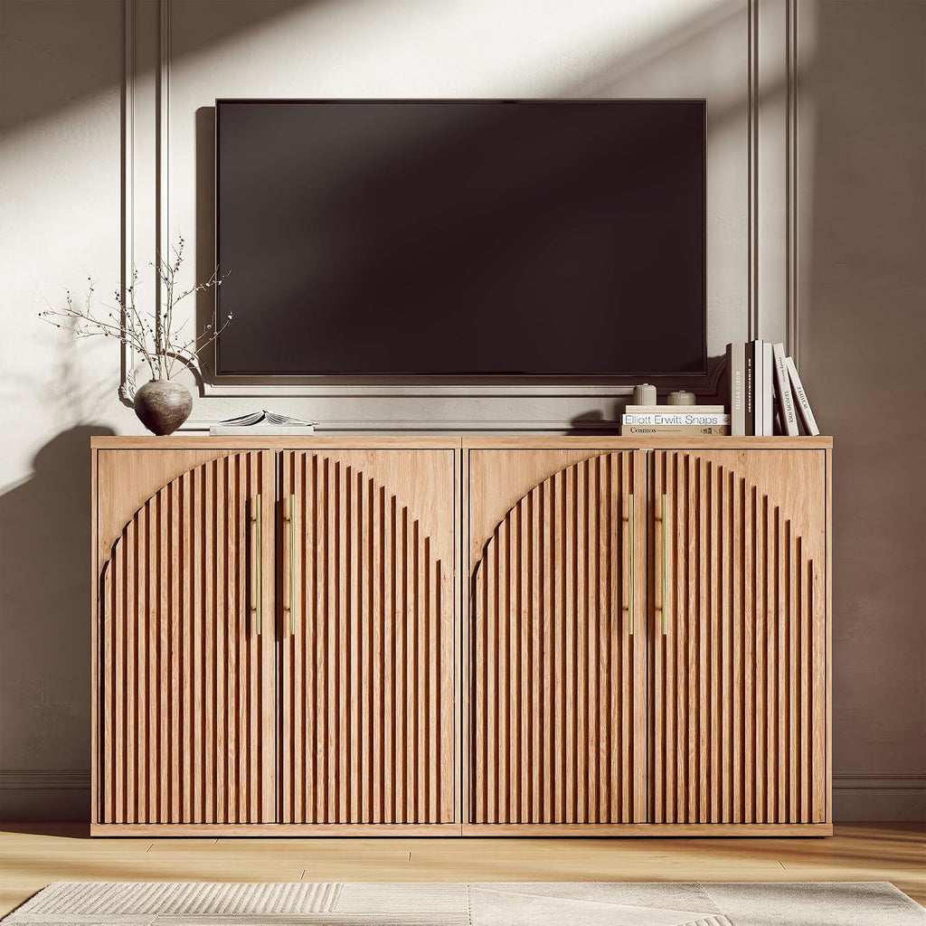 Buffet Cabinet with Storage Set of 2, 63" W Sideboard Cabinet w/Fluted Arched Doors & Adjustable Shelves, Modern