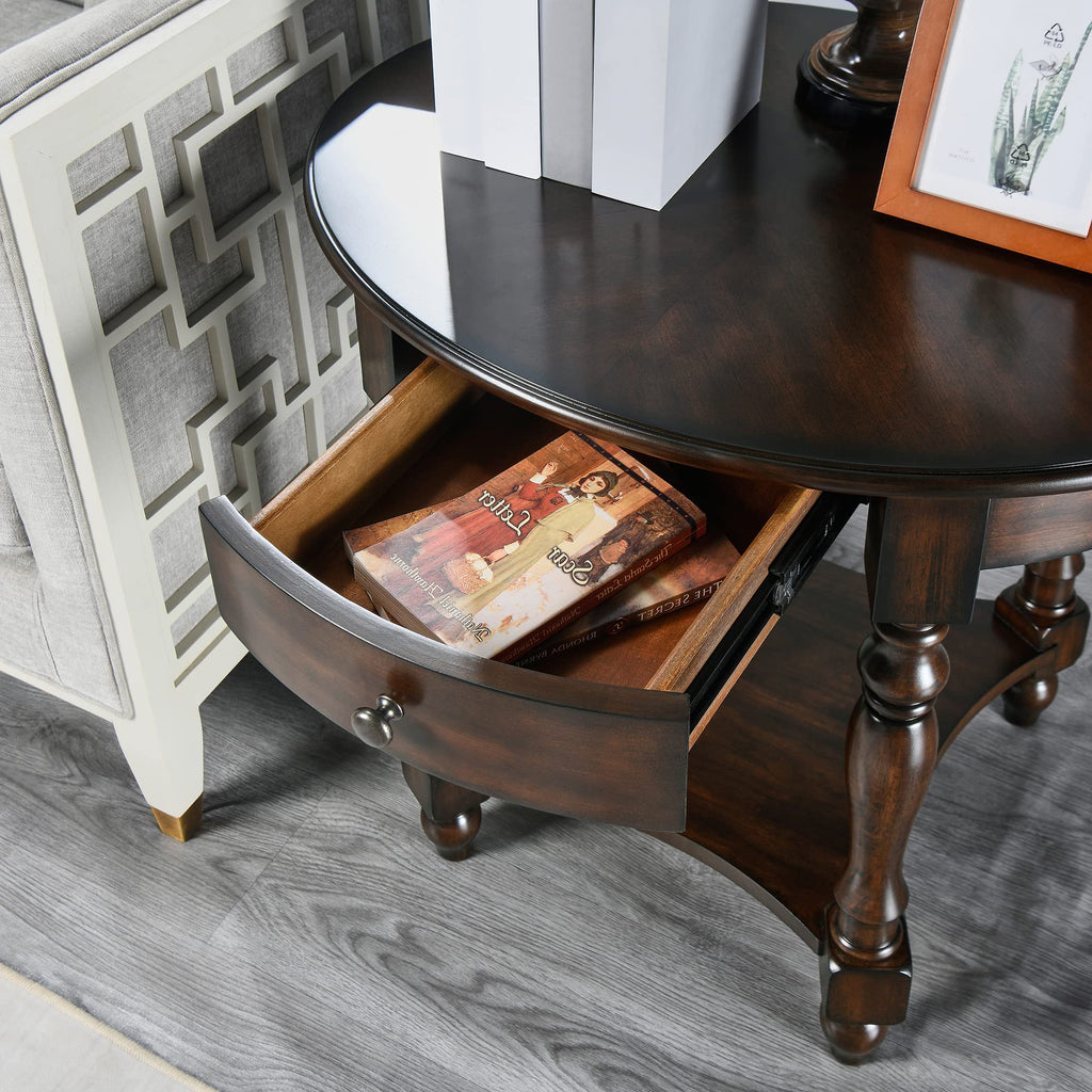 Oval Round End Table with Drawer, 2-Tier Solid Wood End Tables, Victorian Antique Nightstand Bedside Table Office