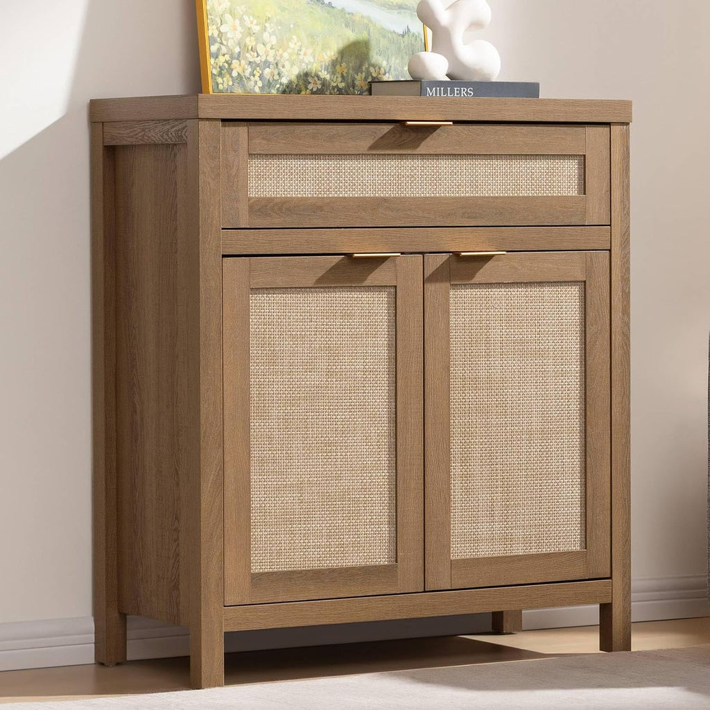 Buffet Cabinet Sideboard with Storage, Rattan Accent Cabinet | 2 Doors, a Drawer, Boho Credenzas Farmhouse Buffet