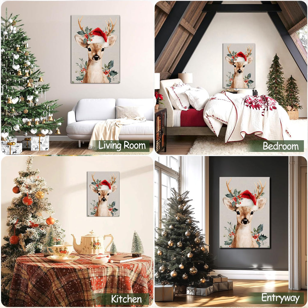 Rustic Festive Canvas Wall Art, Reindeer with Christmas Hat Canvas Wall Art