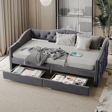 Twin Daybed with Storage, Upholstered Daybed with USB Charger and Two Storage Drawers, Button Tufted Velvet Twin Day