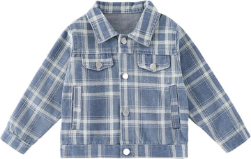 Boys Plaid Denim Jacket Trucker Shacket Kids School Jean Coat