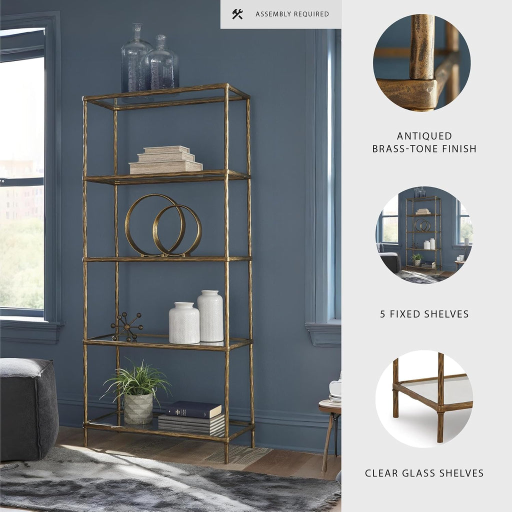 Ryandale Modern 5 Shelf Bookcase, Antique Brass Finish
