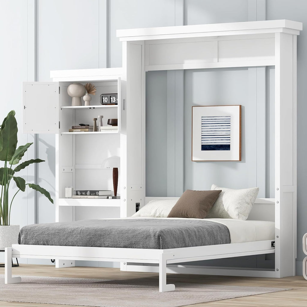White Murphy Bed Queen with Shelves and Cabinet,Multifunctional Solid Wood Foldable Wall Bed with Louvered Style