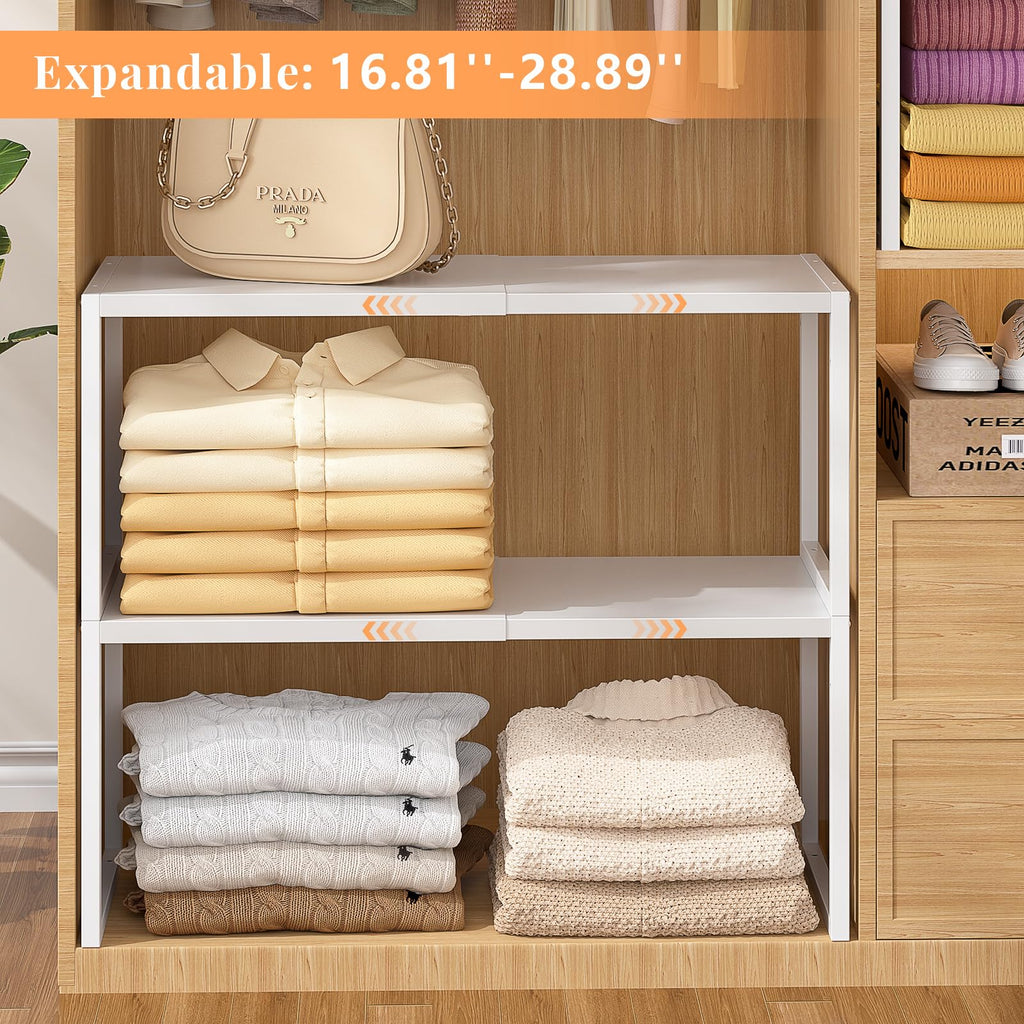 2 Pack Stackable Closet Organizers and Storage Shelves, Expandable Metal Clothing Shelf, Adjustable Shelving Unit for