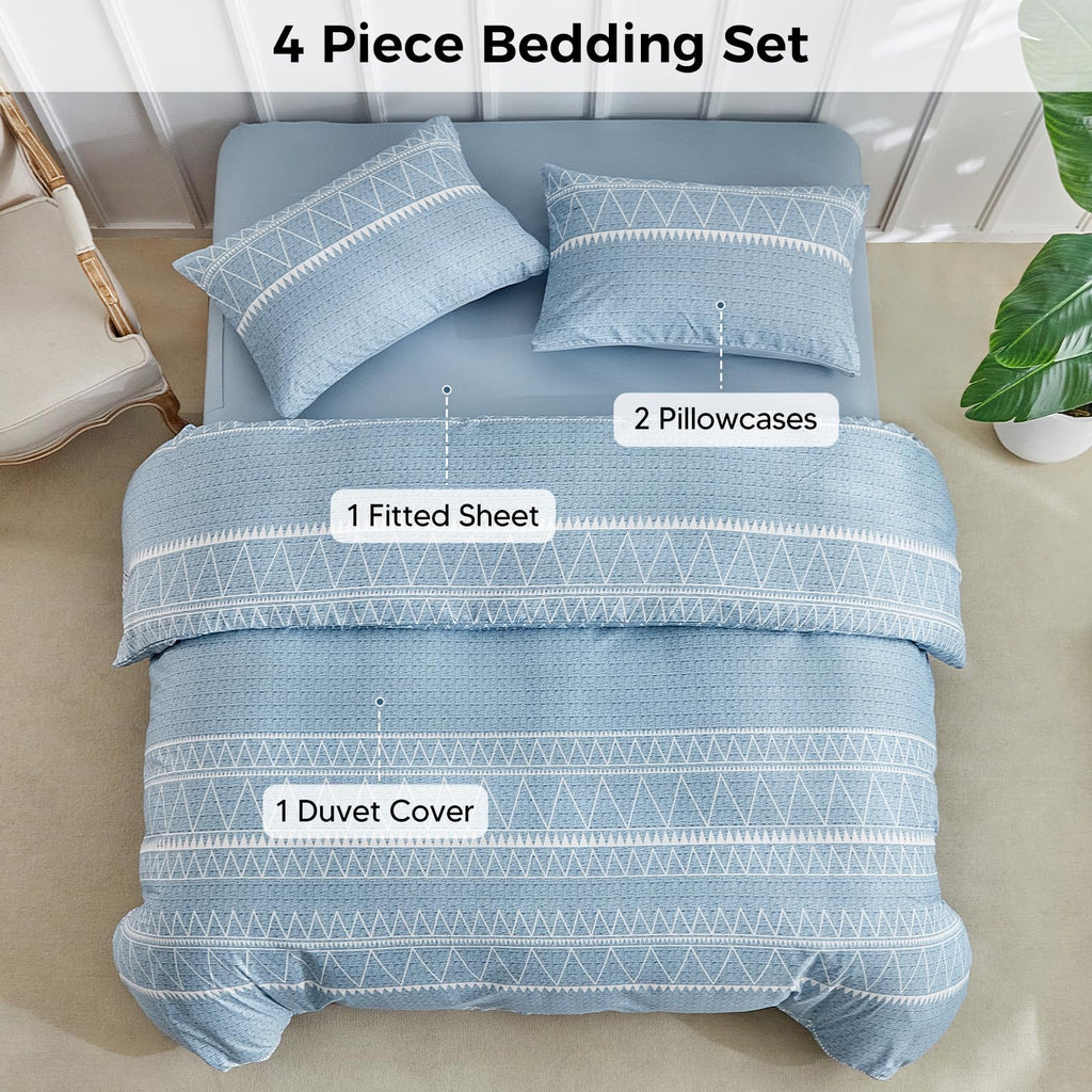 Duvet Cover with Fitted Sheet - 4 Pieces Blue Striped Printed Soft Bedding Set, Includes 1 Duvet Cover