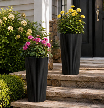 24" Tall Round Planters for Outdoor Plants - Black Fluted Finishes