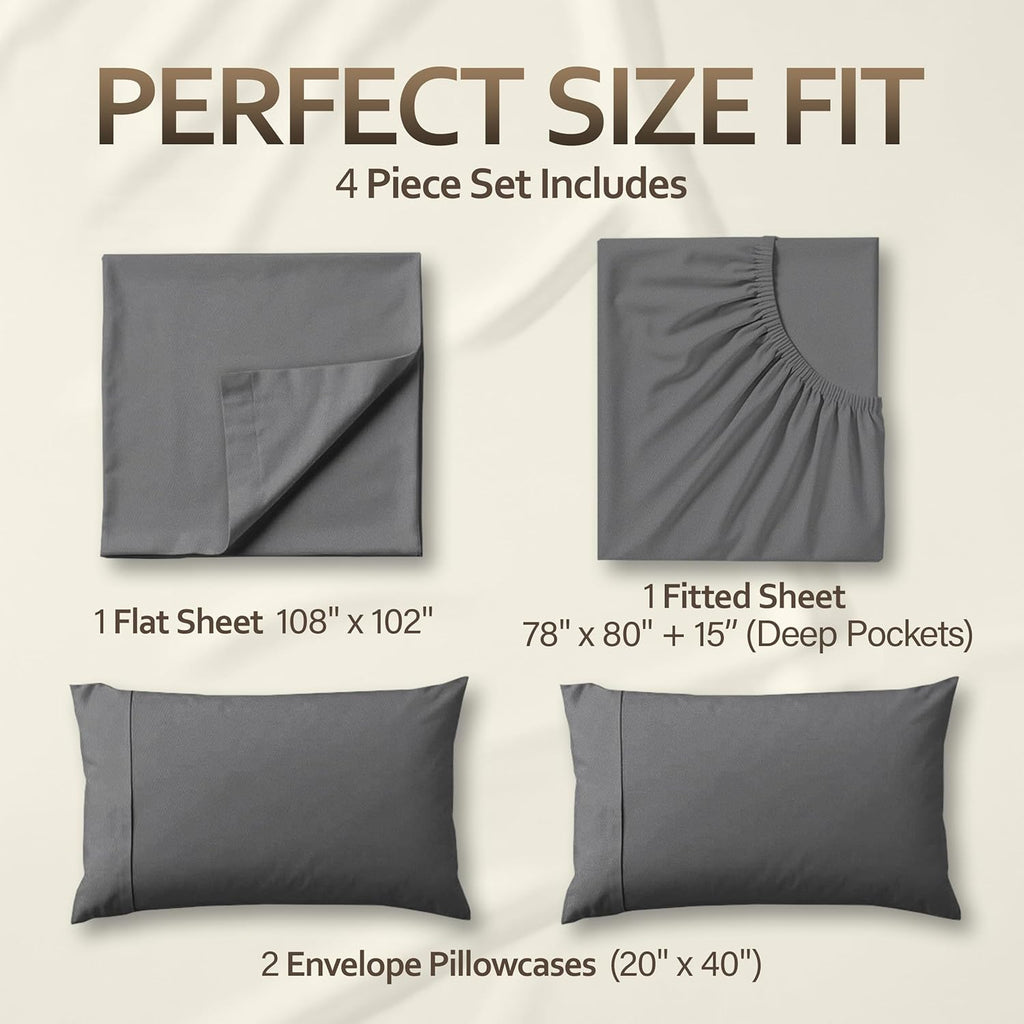 King 4 Piece Sheet Set, Extra Soft Cooling & Breathable Microfiber, Includes 1 Flat Sheet, 1 Fitted Sheet & 2