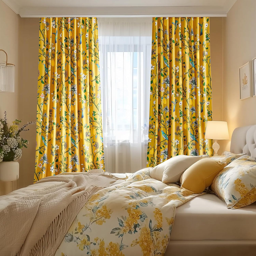 Mustard Yellow Vintage Velvet Curtains 96 inches,Victorian Whimsical Botanical Floral Blackout Room Darkening Curtain