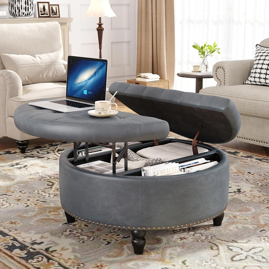 30 Inch Large Round Ottoman with Storage Circular,Gray Grey | Leather Coffee Table with Lift Top,Modern Upholstered