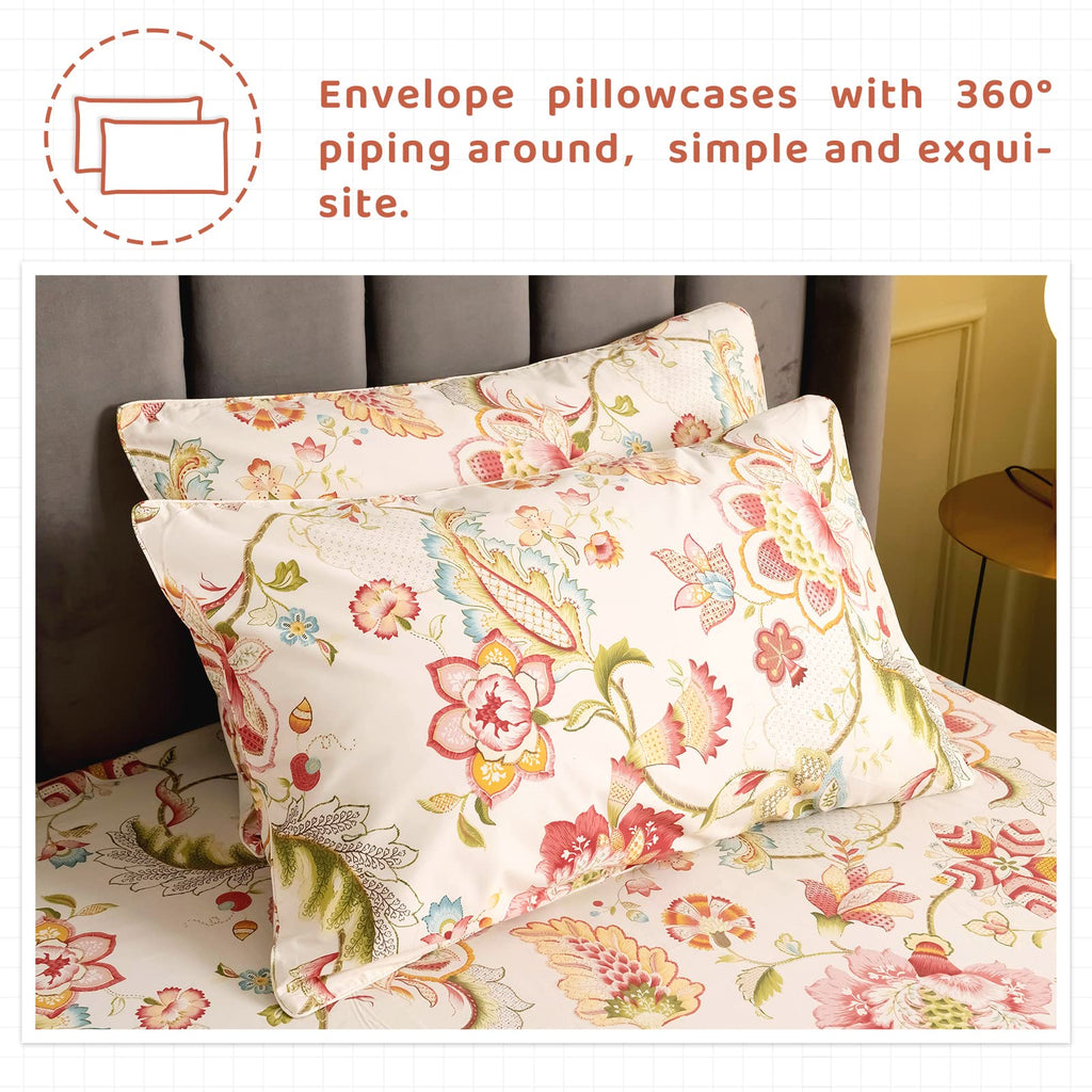 Floral Bed Sheets Set - Boho Lotus Print Bed Sheet Set - Extra Soft and Breathable 100% Egyptian Cotton