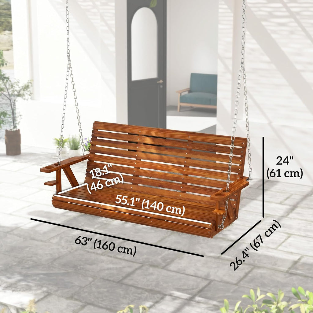 Upgraded Wooden Porch Swing 3-Seater, 5 FT Outdoor Patio Swing Bench with Cupholders, Hanging Chains, Swing Chair