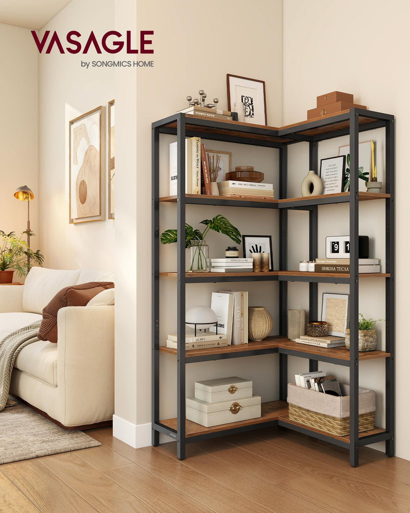 5 Tier Bookshelf, Convertible Corner Shelf, 40.2 x 9.4 x 55.9 in