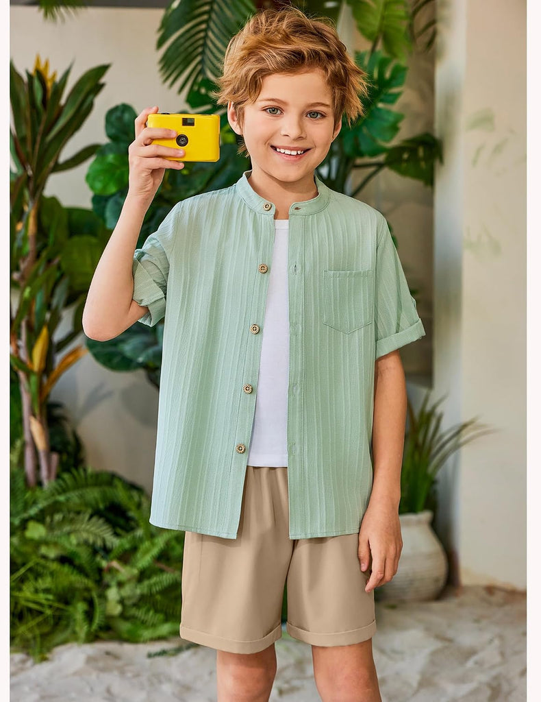 Boys Summer Outfits Textured Button Down Shirt and Shorts Set