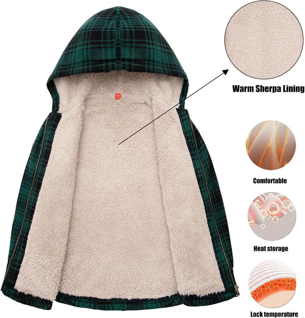 Boys Sherpa Lined Zip Flannel Hooded Jacket