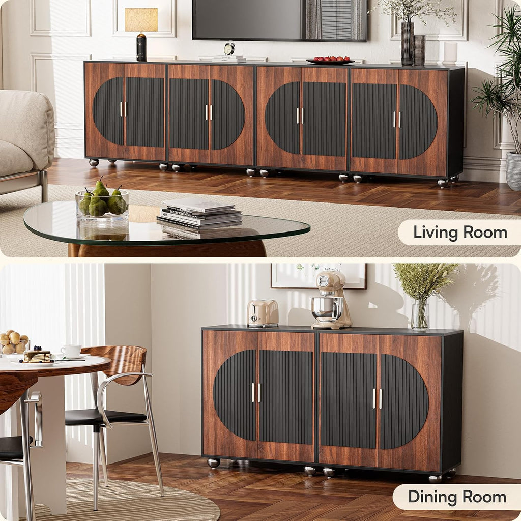 29" Fluted Modular Buffet Cabinet with Arched Doors & Gold Handles, Mid Century Modern Sideboard Credenza Storage