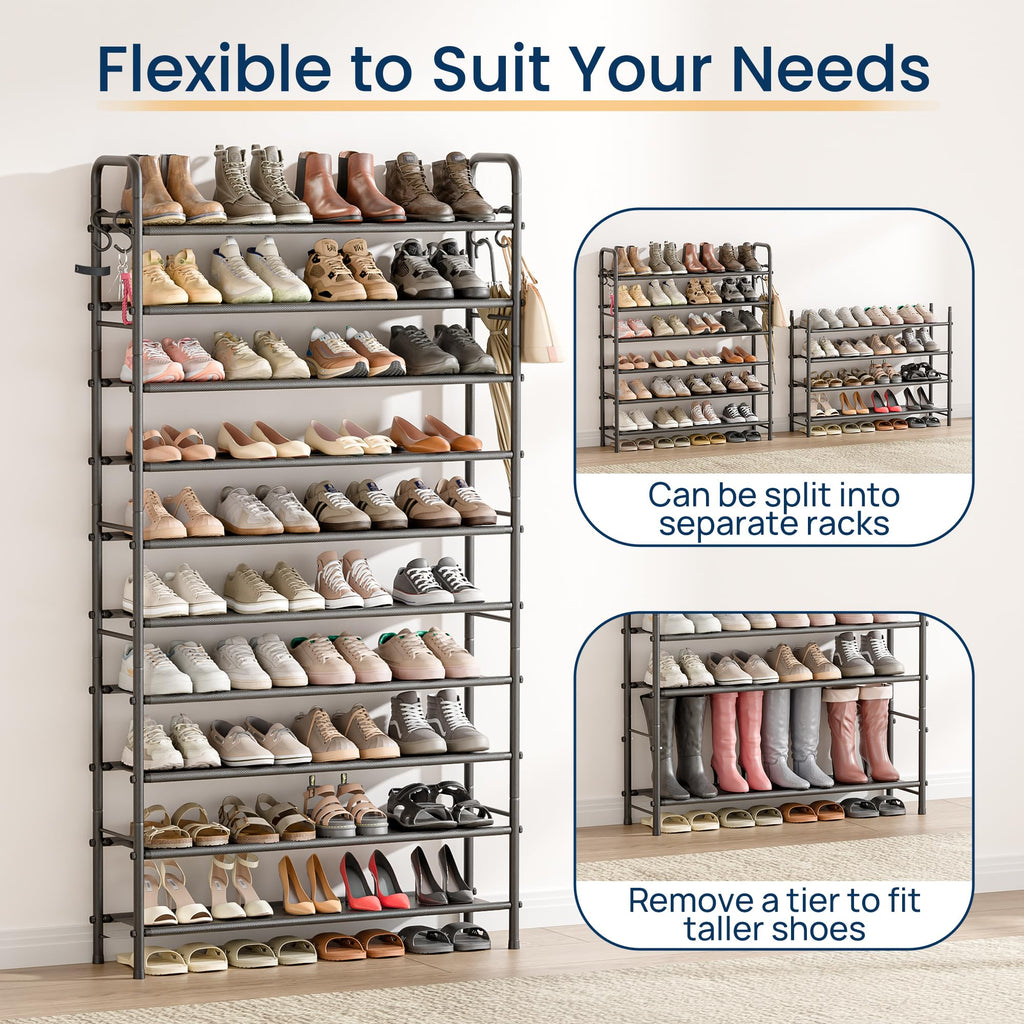 Large Shoe Rack Garage Storage, 10 Tier Tall Metal Shelf, Black