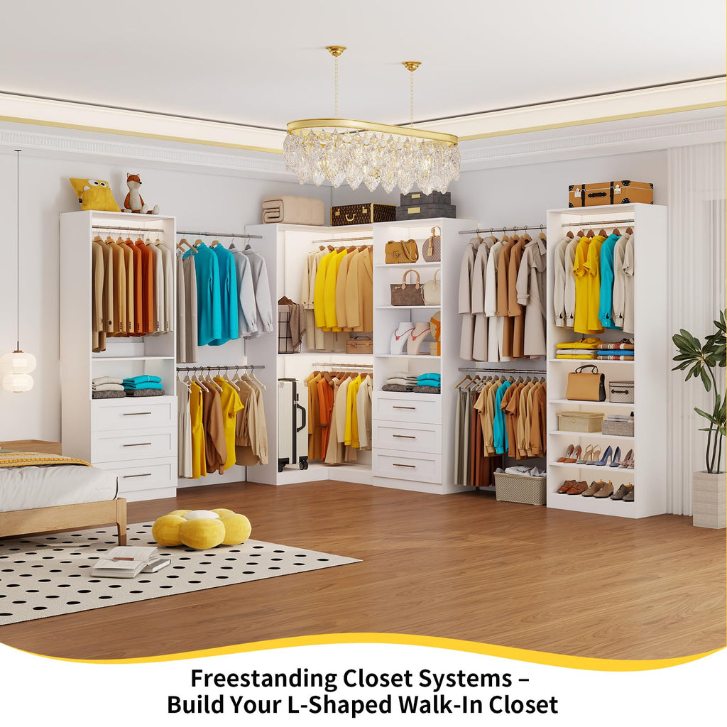 Corner Closet System with 3 Drawers, Closet Organizer System with 6 Hanging Rods 7 Shelves Walk in Wooden Modular