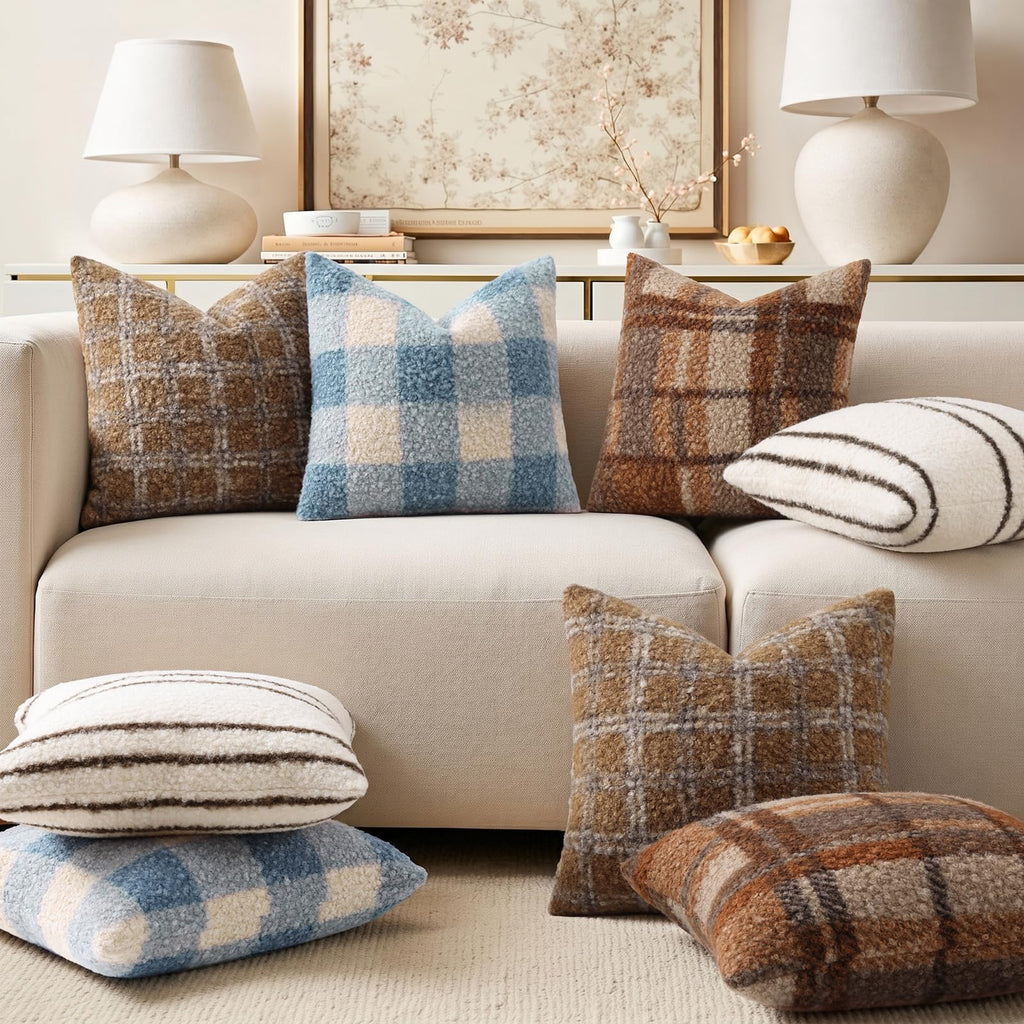 Faux Fur Striped Throw Pillow Covers 16X16 Set of 2 Ivory