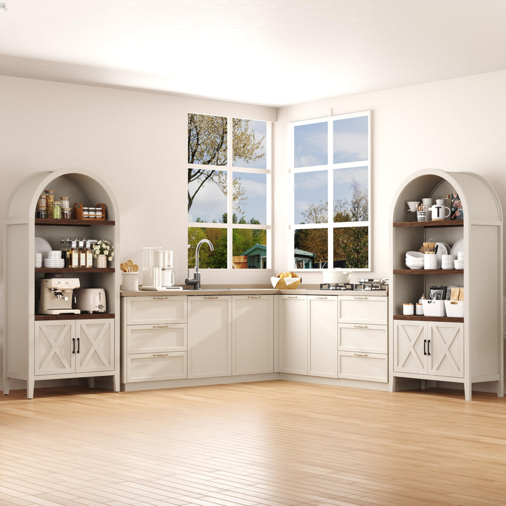 71" Tall Arched Bookcase, 5-Tier Arched Bookshelf, Arch Cabinet Display Cabinet with Doors and Shelves, Modern