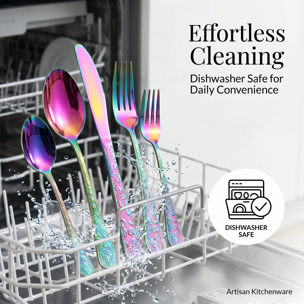 Rainbow Silverware Set, 30 Pieces Vintage Carved Flatware Set for 6, Stainless Steel Cutlery Set with