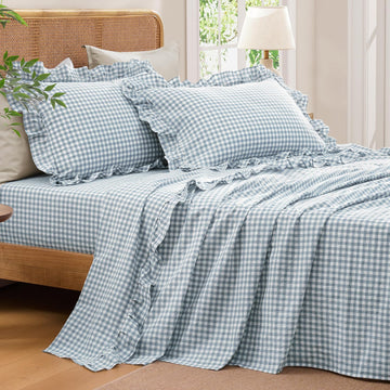 Blue Cotton Gingham Soft Breathable Sheets Set